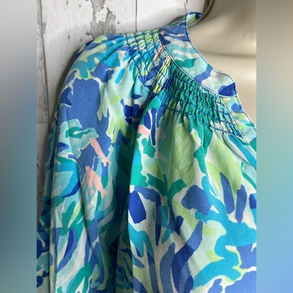 Lilly Pulitzer Elsa Leaf Tropical Silk Blouse Blue Green Tunic Shirt Top Size XS - Picture 4 of 9